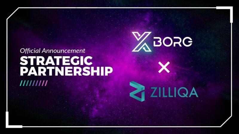 Zilliqa and XBorg logos in the foreground, a purple colored galaxy in the background
