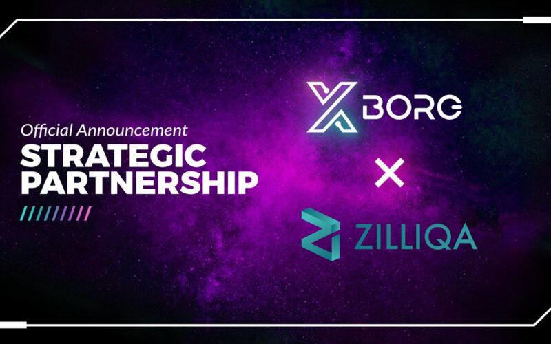 Zilliqa and XBorg logos in the foreground, a purple colored galaxy in the background