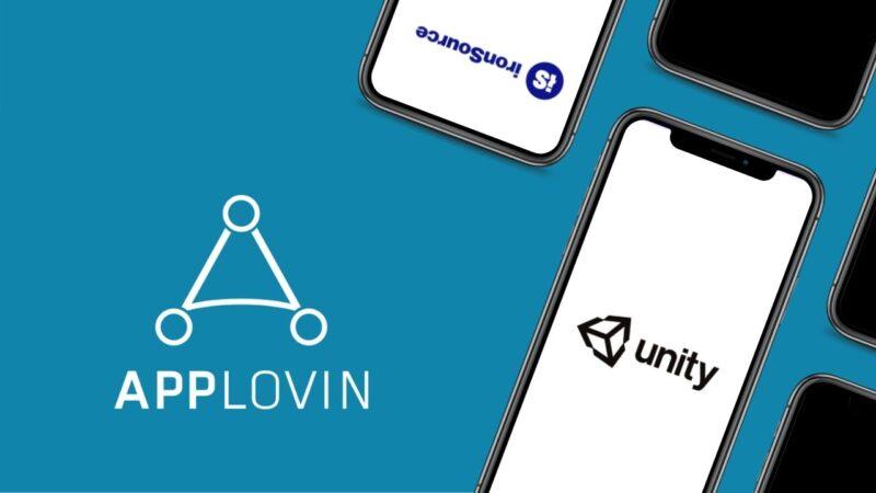 AppLovin logo on the left on a blue background, Unity and ironSource logos on the phones on the right.