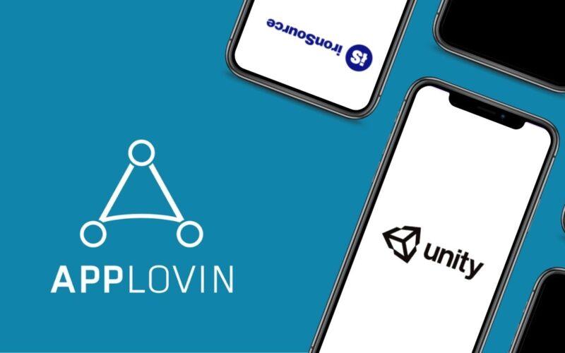 Solda mavi arka planda AppLovin logosu sağda telefonlar üzerinde Unity ve ironSource logoları.