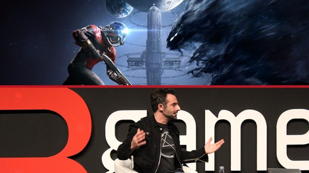 Alt tarafta konuşma yapan Raphael Colantonio ve üst tarafta Prey oyununa ait tanıtım görseli.