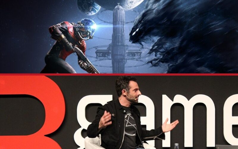 Raphael Colantonio speaking at the bottom and the promotional image of the Prey on the top.