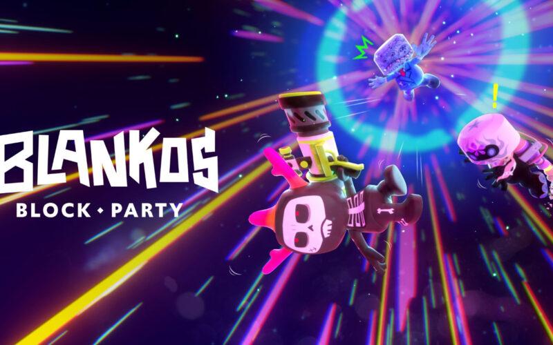 Blankos Block Party logo and the characters drifting in space