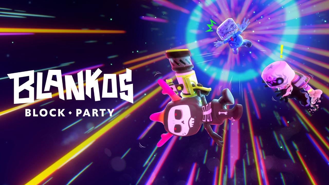 Uzayda sürüklenen Blankos Block Party karakterleri ve logosu