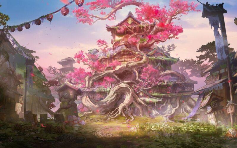 Sakura ağacıyla kaplanmış bir Japon binası