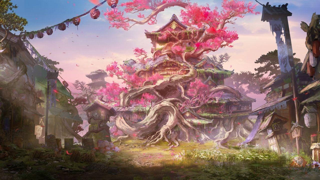 A Japanese building covered with sakura tree