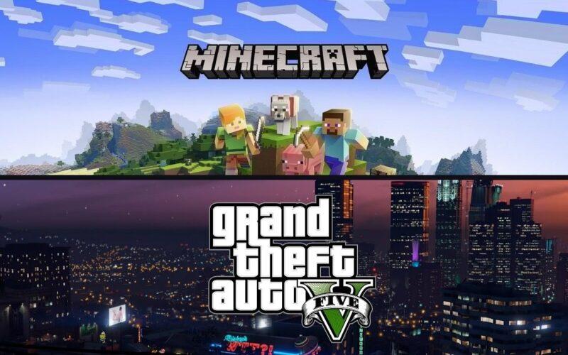 Üst tarafta Minecraft logosu ve manzarası alt tarafta GTA V logosu ve manzarası.