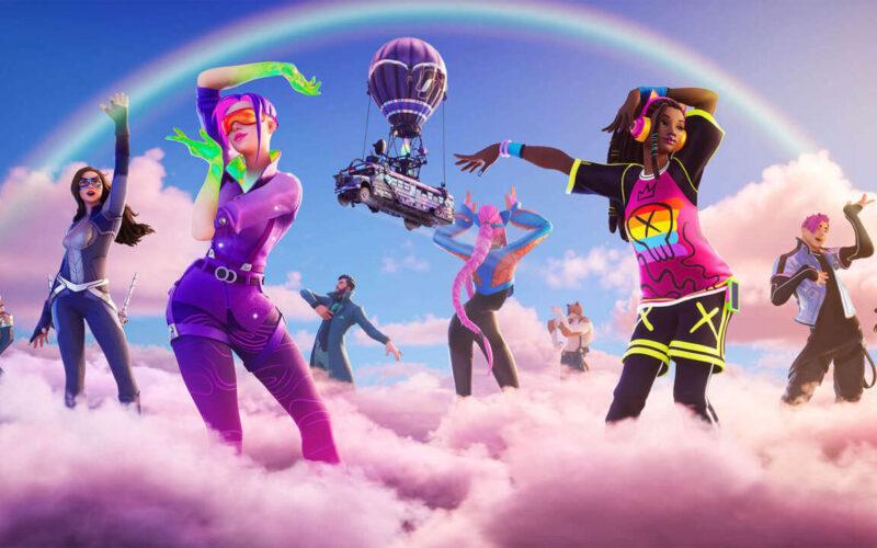 various fortnite character are on clouds having a good time
