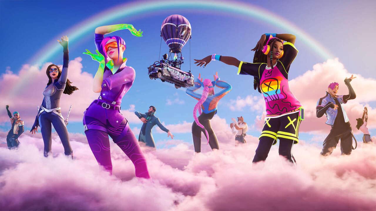 çeşitli fortnite karakterleri bulutların üstünde eğleniyor