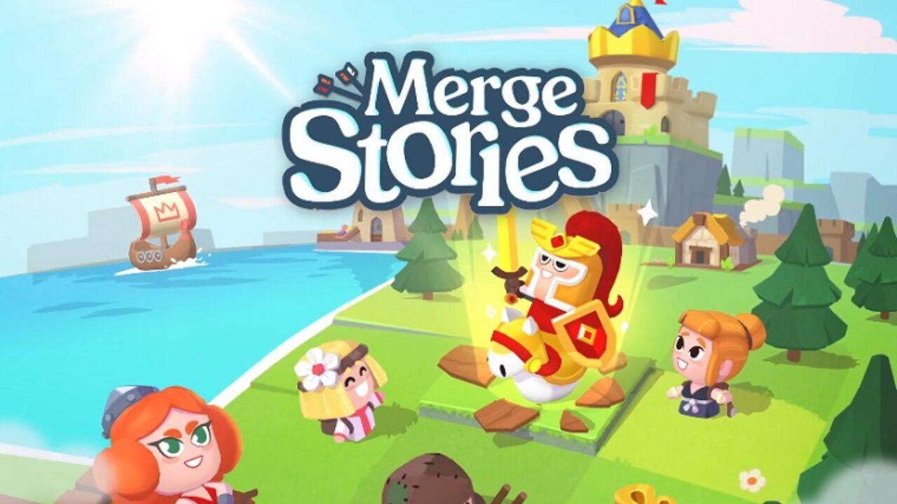 Merge Stories karakterleri ve kalesi Merge Stories logosunun altında
