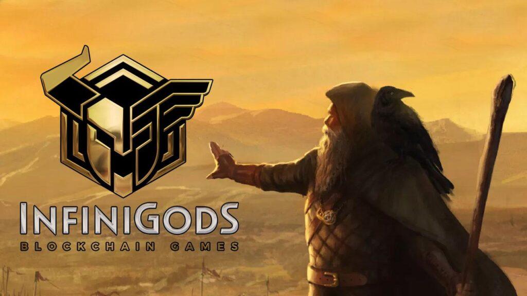 Omzunda kuzgun olan bir Odin çiziminin yanında InfiniGods logosu