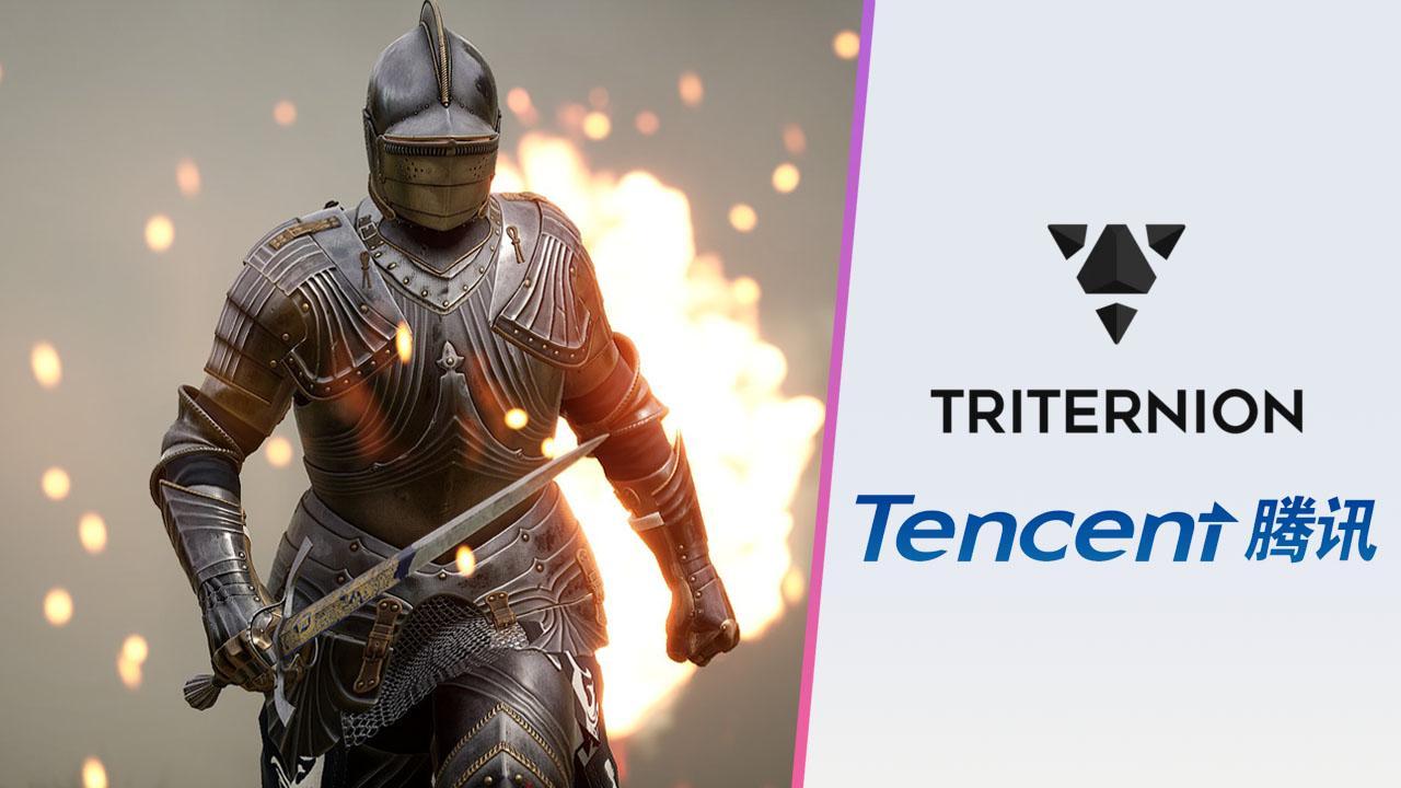 Solda bir Mordhau savaşçısı, sağda Triternion ve Tencent logoları