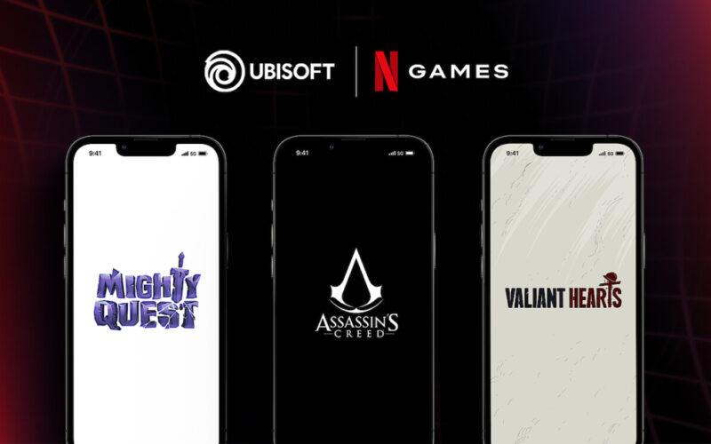 Ubisoft and Netflix logos on the top, and Mighty Quest, Assassin's Creed and Valiant Hearts logos on three phones, respectively, on the bottom.