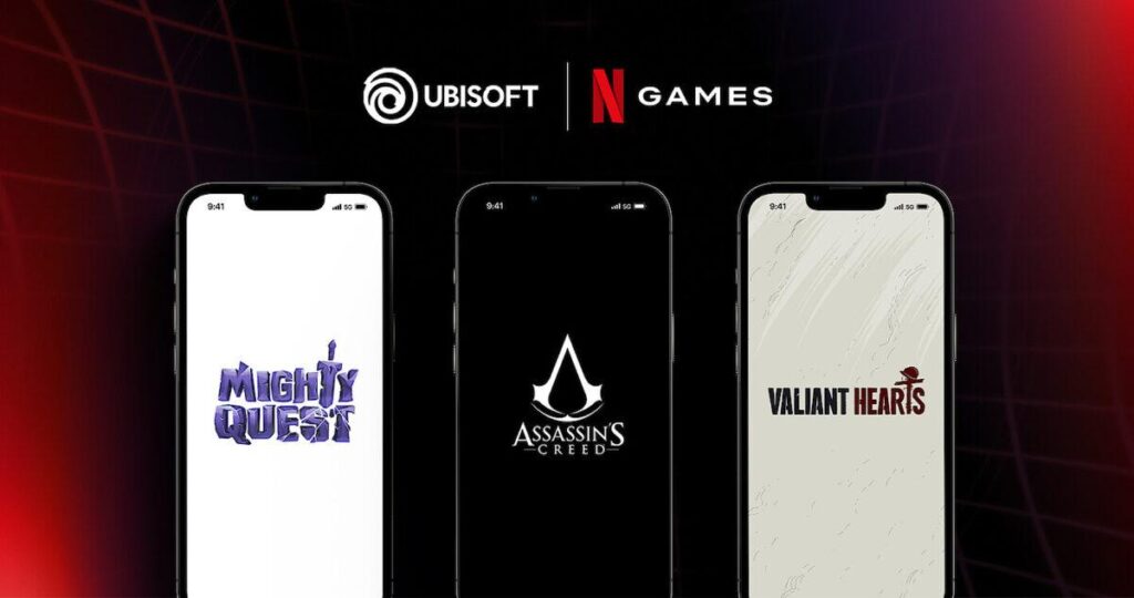 Üst tarafta Ubisoft ve Netflix logosu alt tarafta ise 3 adet telefon üzerinde sırasıyla Mighty Quest, Assassin's Creed ve Valiant Hearts logoları.