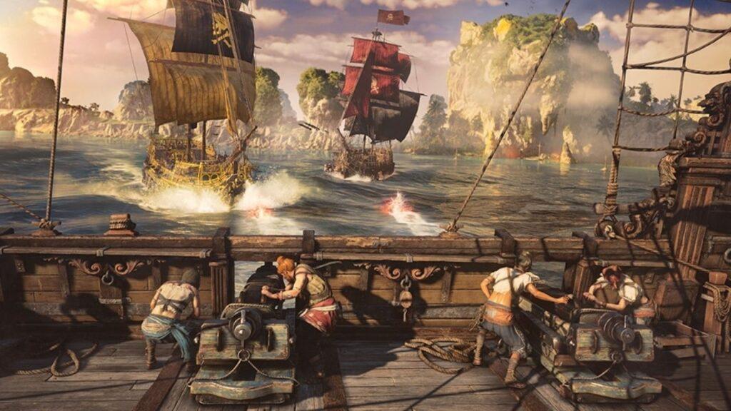 Skull and Bones oyunundan korsanlar bir gemi savaşı içerisinde