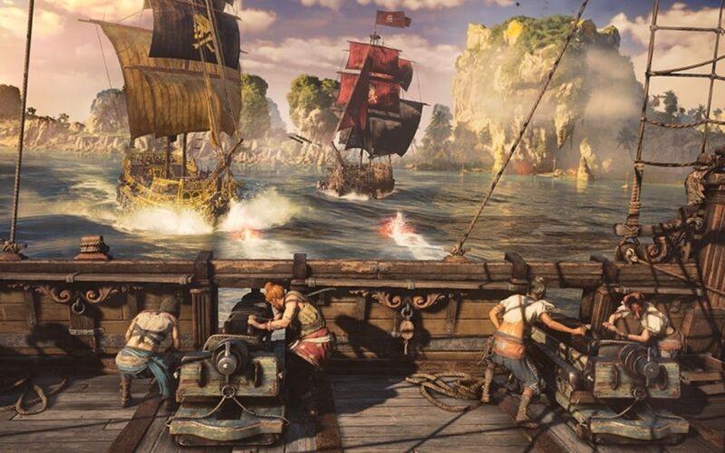 Skull and Bones oyunundan korsanlar bir gemi savaşı içerisinde