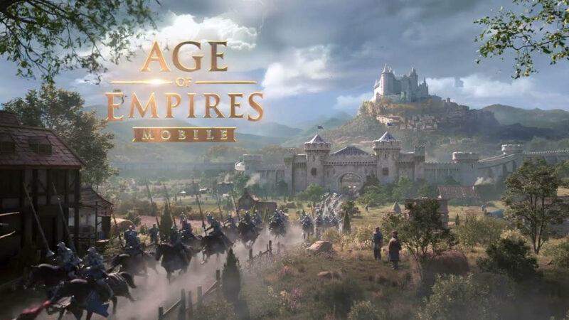 Age of Empires' Paladin units leaving a castle and riding forth on a dirt road