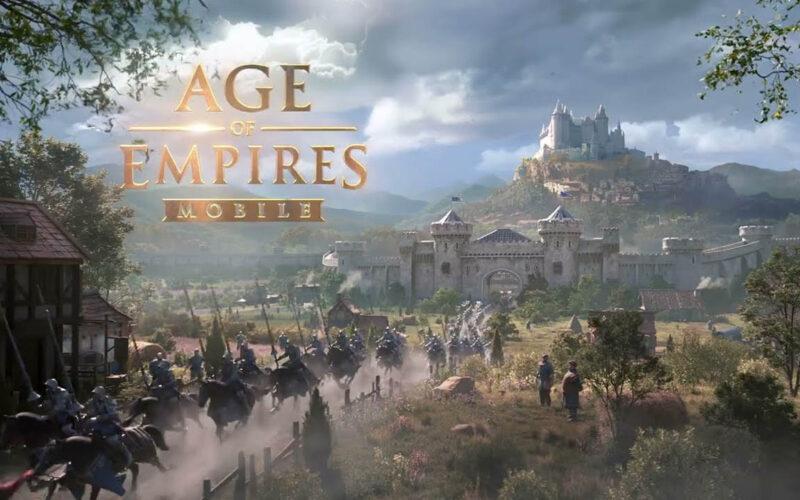 Age of Empires' Paladin units leaving a castle and riding forth on a dirt road