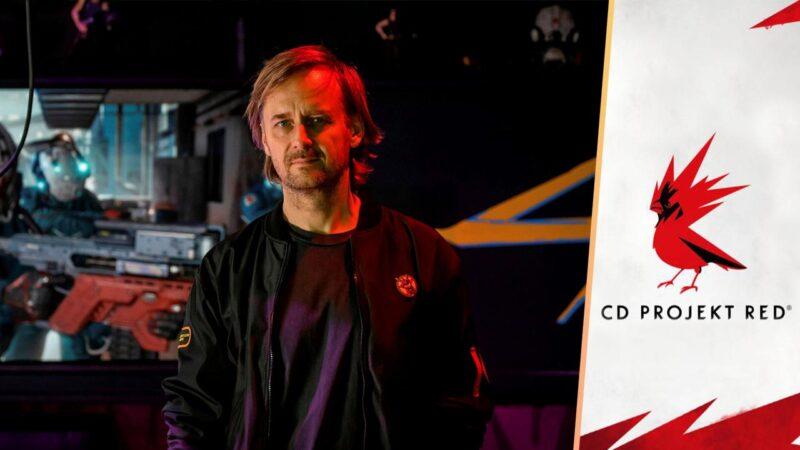 CD Projekt ex CEO Marcin Iwinski on the left, CD Projekt logo on the right