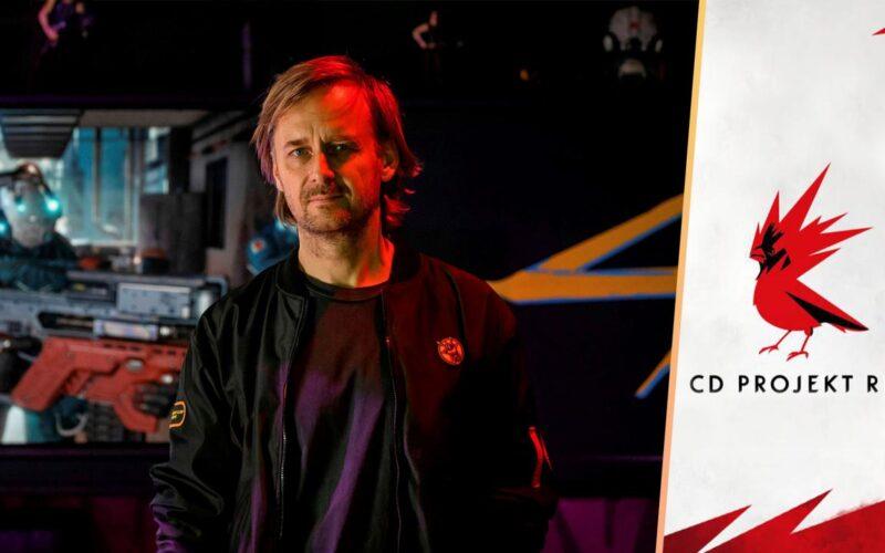 CD Projekt ex CEO Marcin Iwinski on the left, CD Projekt logo on the right
