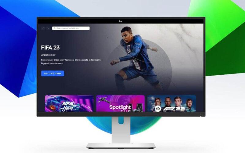 EA's EA app on a pc monitor showing FIFA 23 as the featured game