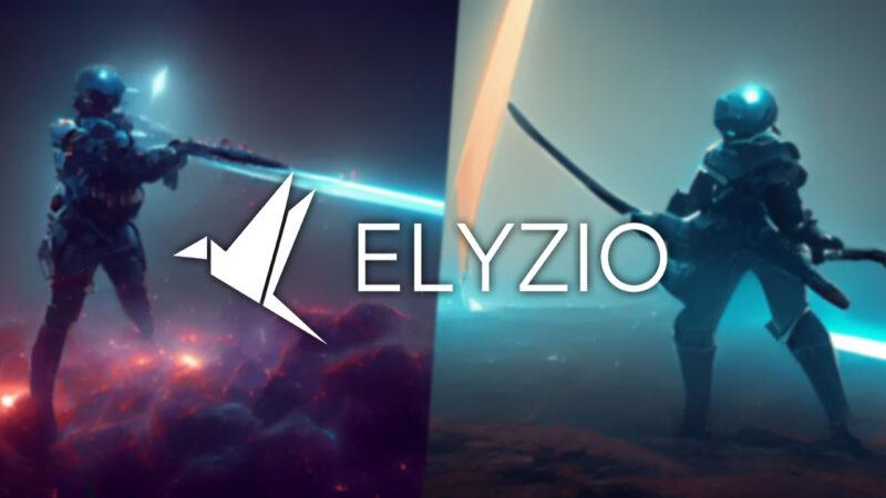 Two avatars from Elyzio's blockchain gaming world holding special weapons