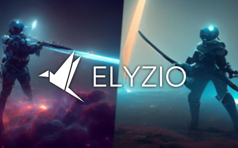 Two avatars from Elyzio's blockchain gaming world holding special weapons