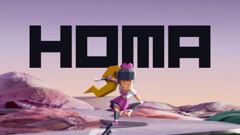 Homa's new logo and a block-style female character skating through a video game world