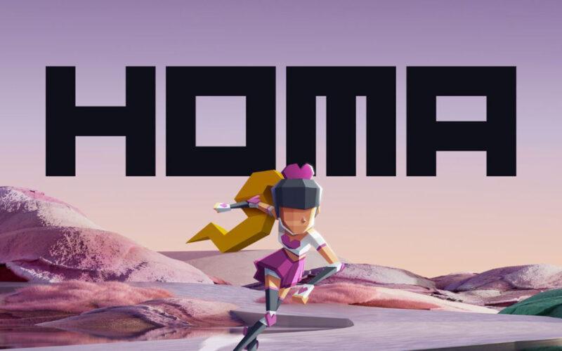 Homa's new logo and a block-style female character skating through a video game world
