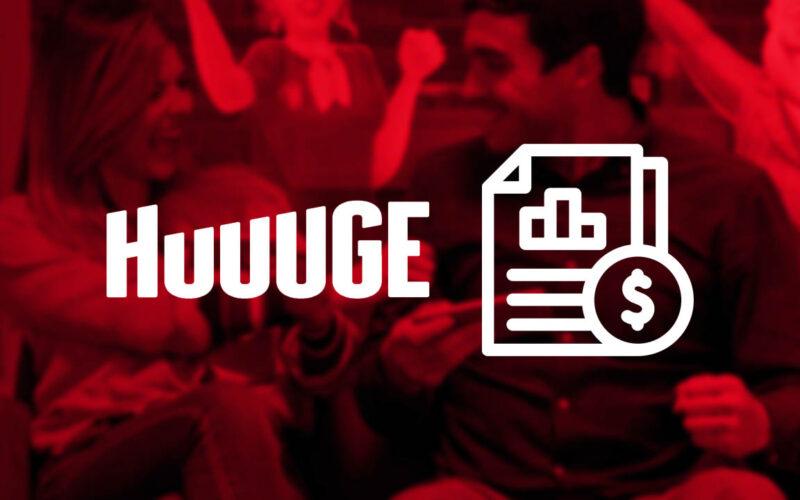 Huuge Games' logo and a financial report icon, over a red background with people playing mobile games