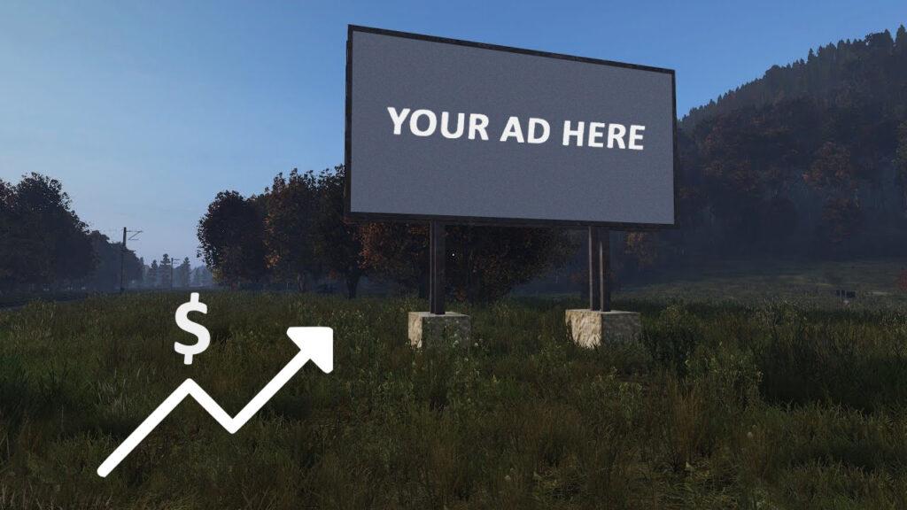 Scene from a game showing a billboard in a forest