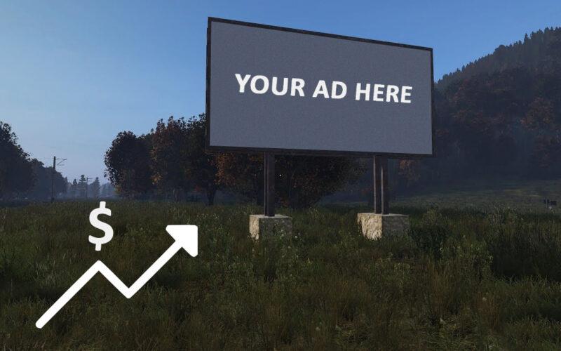 Scene from a game showing a billboard in a forest