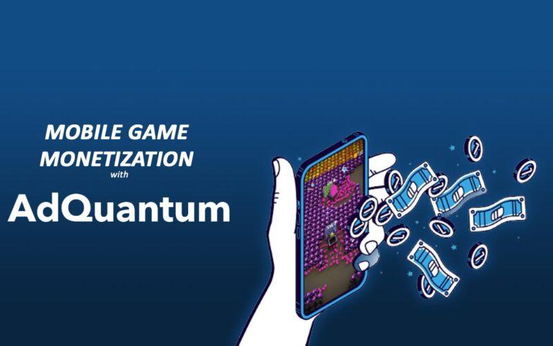 AdQuantum's logo on the left, and a hand printing money and coins through a mobile phone on the right