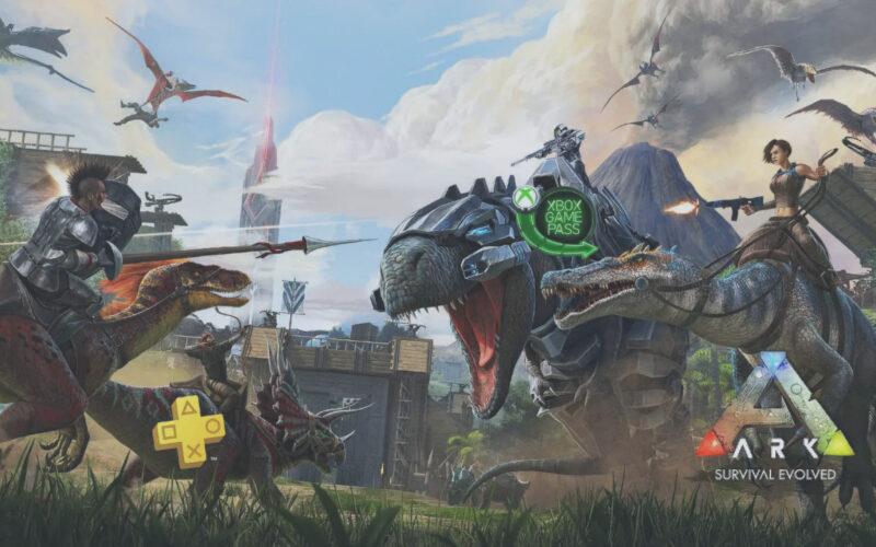 Two dinosaur riders fighting in battle, with PlayStation Plus and Xbox Game Pass logos on them