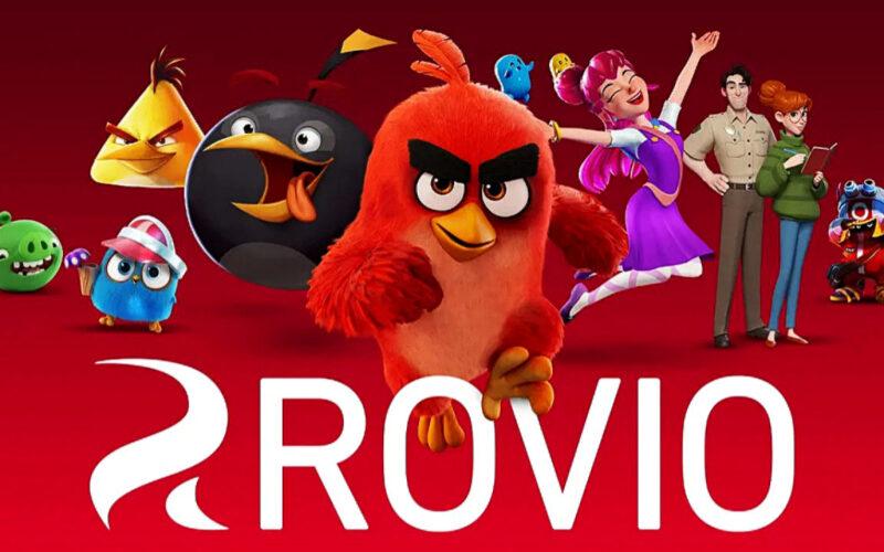 Multiple characters from Rovio's games over the Rovio logo in front of a red background