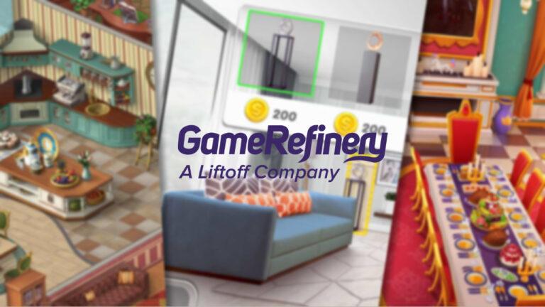 GameRefinery logo over blurred images of three mobile decoration games