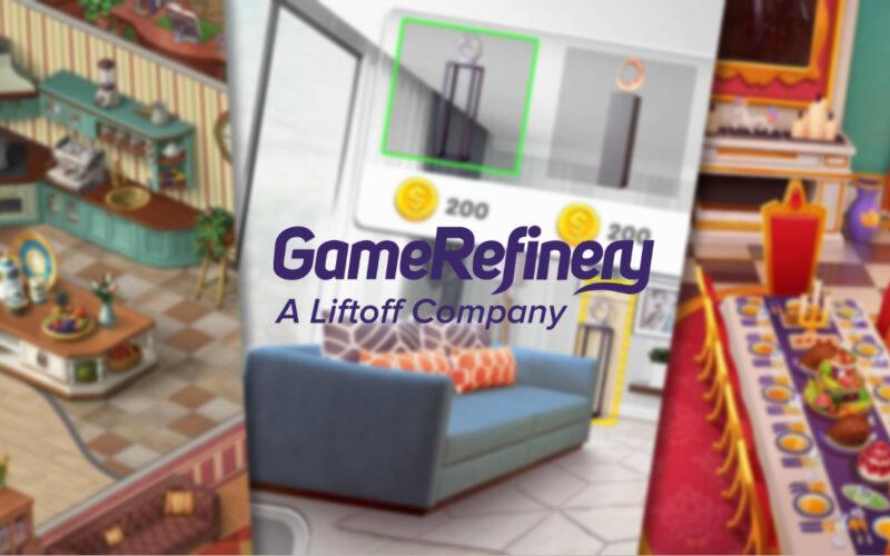 GameRefinery logo over blurred images of three mobile decoration games