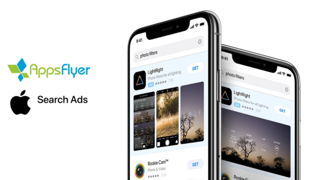 AppsFlyer and Apple Search Ads logos next to two iPhones over a white background