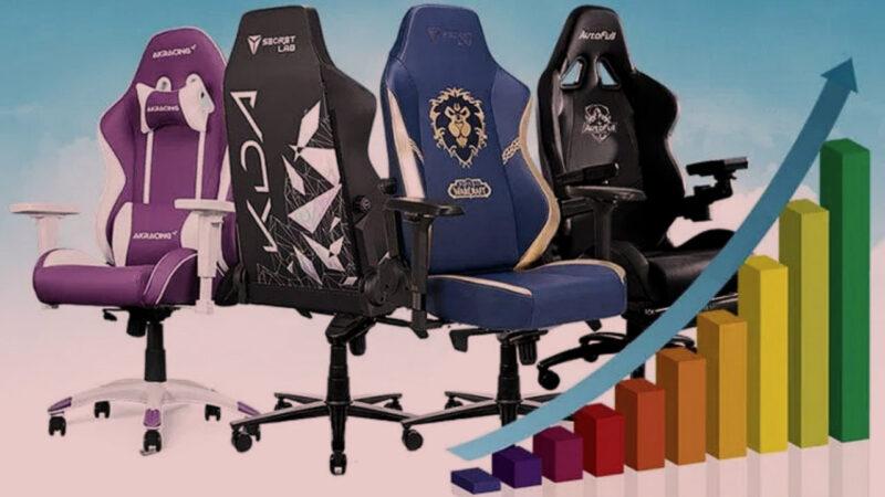 Four gaming chairs next to a graph over a sky background