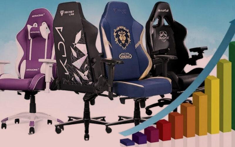 Four gaming chairs next to a graph over a sky background