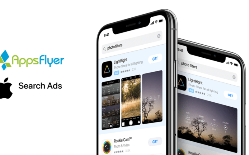 AppsFlyer and Apple Search Ads logos next to two iPhones over a white background