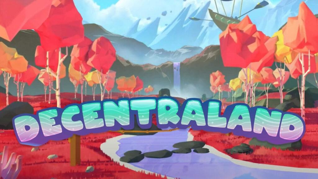 The word Decentraland in bright blue over a forest drawing