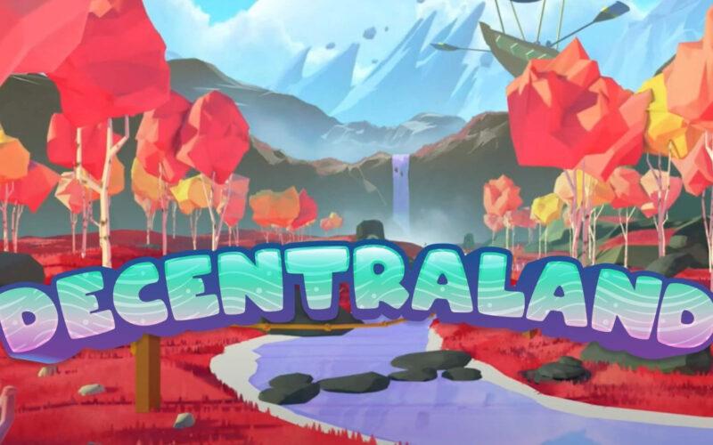 The word Decentraland in bright blue over a forest drawing