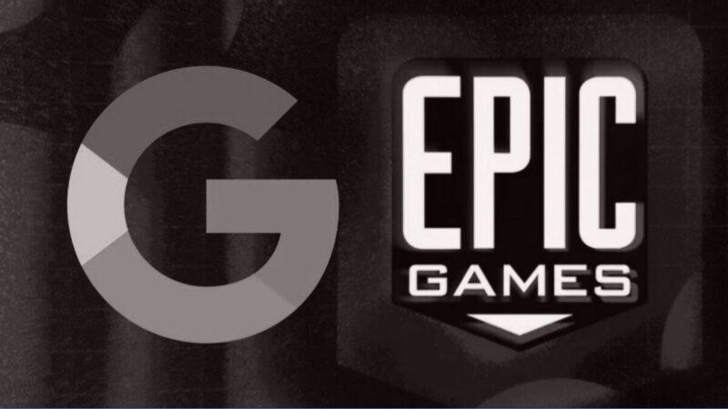 Google and Epic Games logos with a black-and-white filter