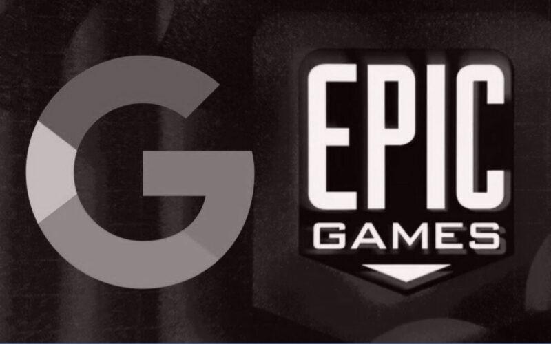 Google and Epic Games logos with a black-and-white filter