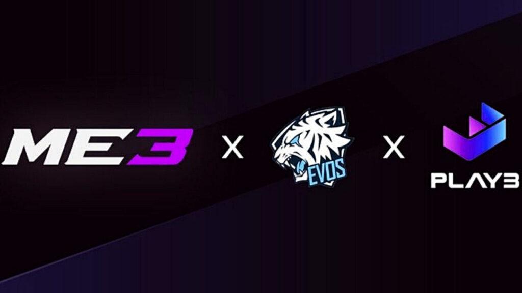 Me3, EVOS Esports, and Play3 logos over a black background