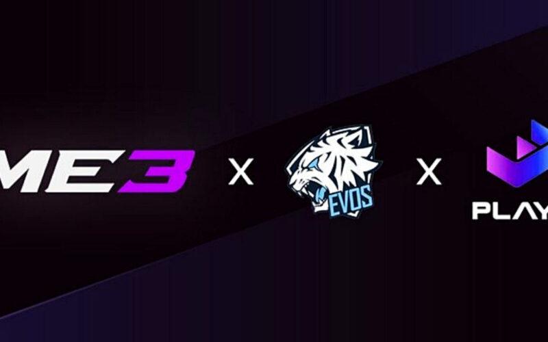 Me3, EVOS Esports, and Play3 logos over a black background