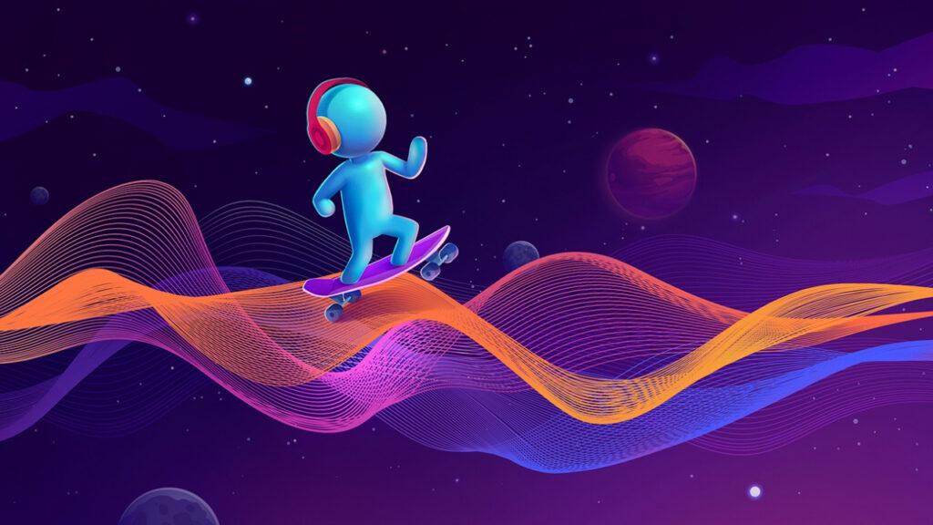 A doodle skateboarding on a soundwave with headphones on