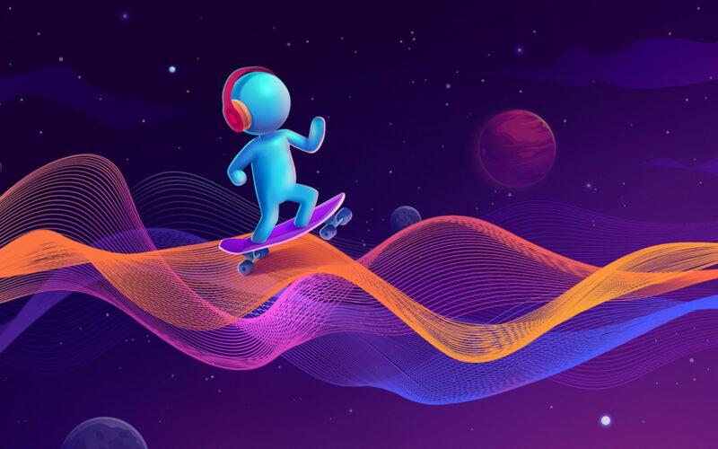 A doodle skateboarding on a soundwave with headphones on