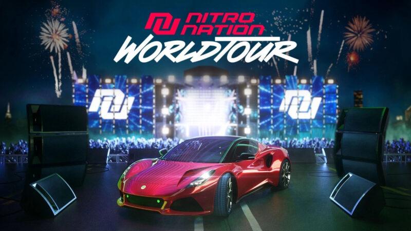 A sports car in front of a concert stage and under the Nitro Nation World Tour logo